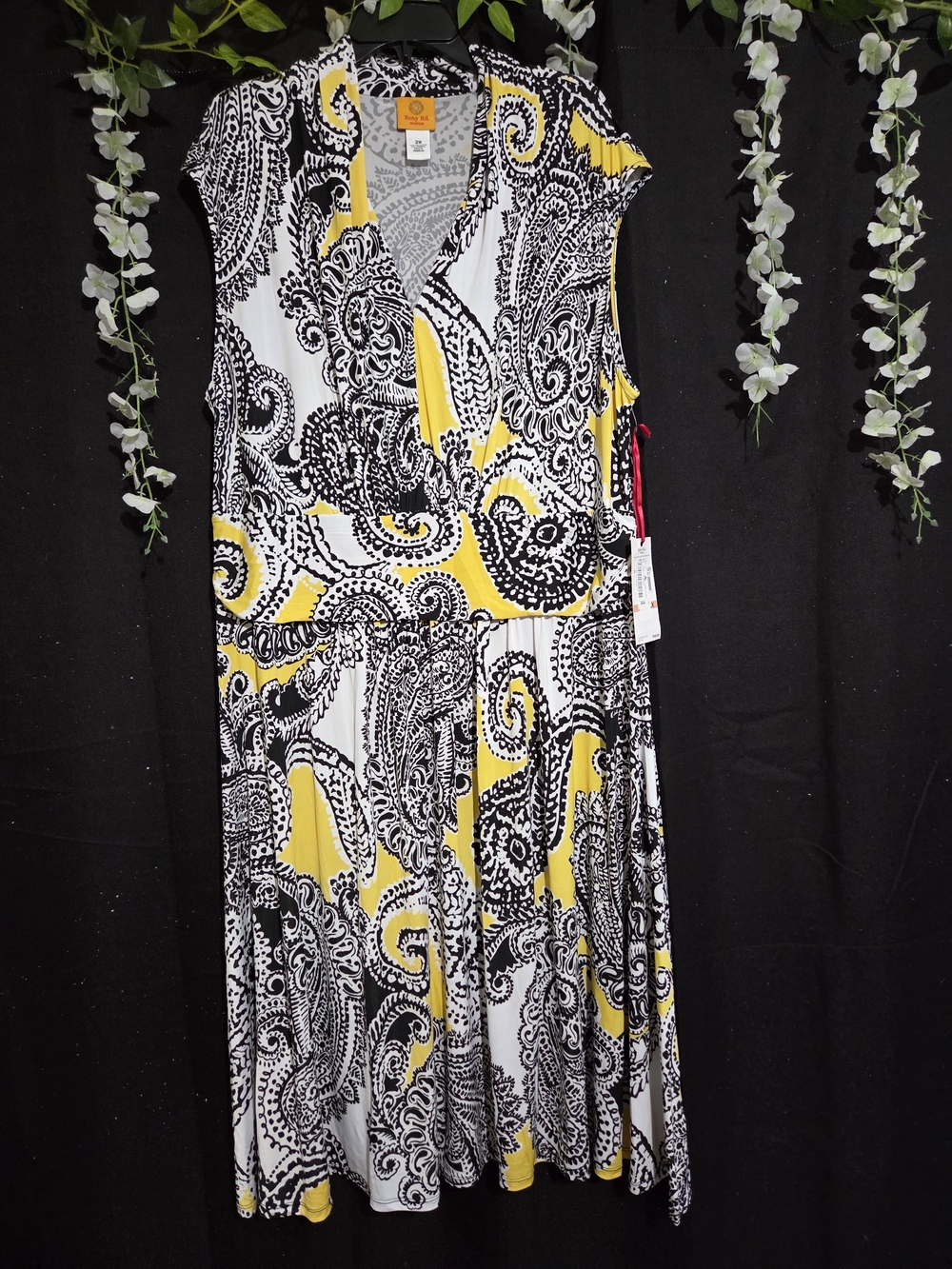 Ruby Rd. Black, White & Yellow Paisley Midi Dress
